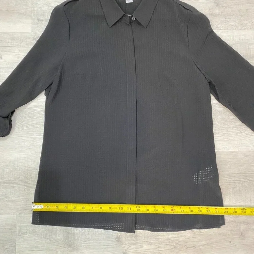 DKNY M Sheer Checkered Flowy Black Blouse with Collar Androgynous Sporty